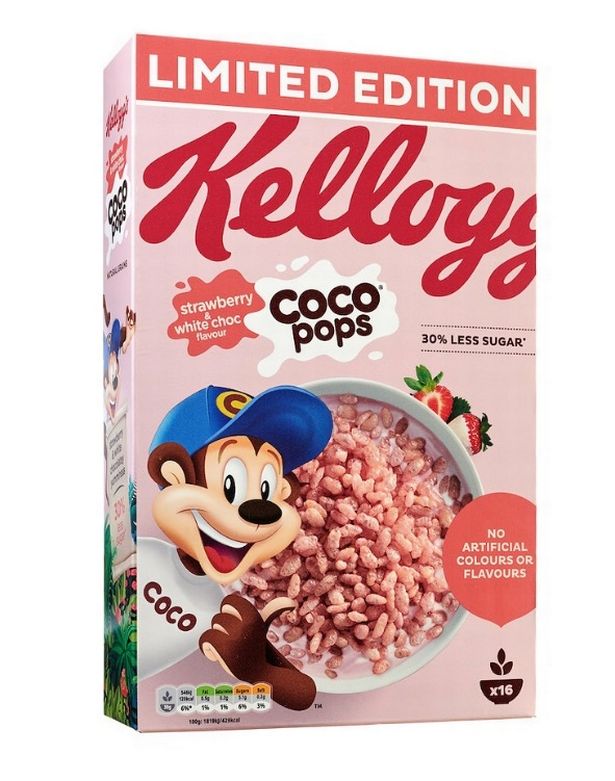 Kellogg's launches new Strawberry & White Choc Coco Pops that turns milk pink in the UK. 1 Kellogg's launches new Strawberry & White Choc Coco Pops that turns milk pink in the UK.