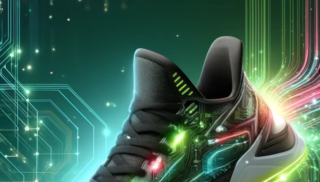 A futuristic digital sneaker design representing a collaboration between a major sports brand and a Web3 technology company - tridence.