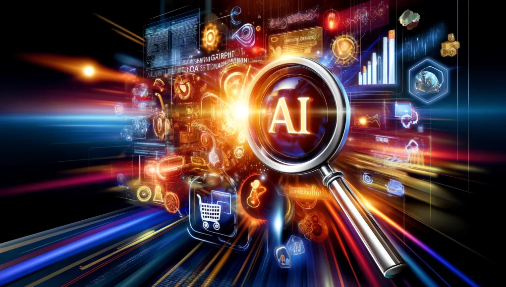 A professional and eye-catching image depicting the impact of AI on digital advertising. Show a vibrant digital landscape with AI elements, advertisem