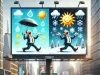 The Power of Weather-Based Ads: Boosting Your Marketing Strategy with Tridence A humorous and eye catching scene featuring a billboard or ad in a city street, displaying weather triggered ads