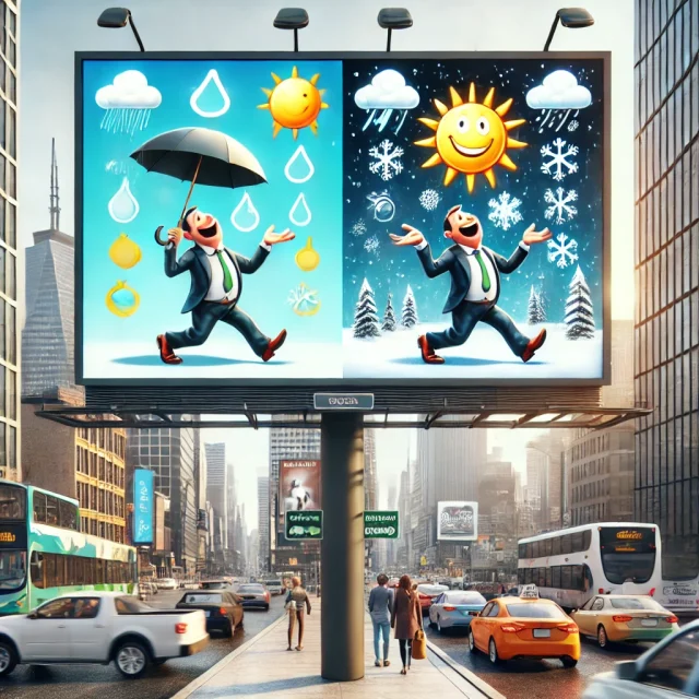 The Power of Weather-Based Ads: Boosting Your Marketing Strategy with Tridence A humorous and eye catching scene featuring a billboard or ad in a city street, displaying weather triggered ads