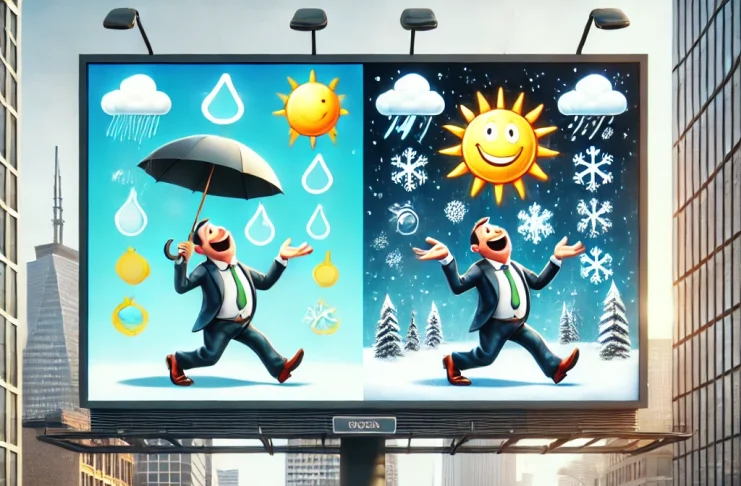 A humorous and eye catching scene featuring a billboard or ad in a city street, displaying weather triggered ads