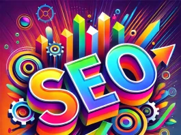 A bold and vibrant image focused on the word ‘SEO’. The word ‘SEO’ is creatively designed in large, dynamic lettering, with eye catching g