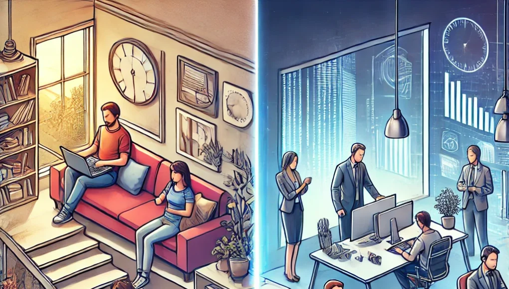 An illustration depicting the transition from remote work to office work in a professional setting. On one side, workers are comfortably working from