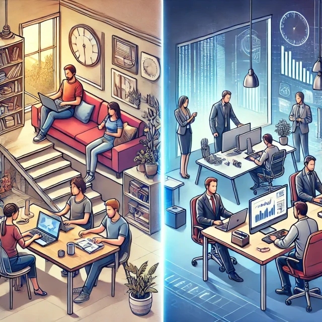Heading into 2025: The Unsettling Shift Back to Full-Time Office Work An illustration depicting the transition from remote work to office work in a professional setting. On one side, workers are comfortably working from