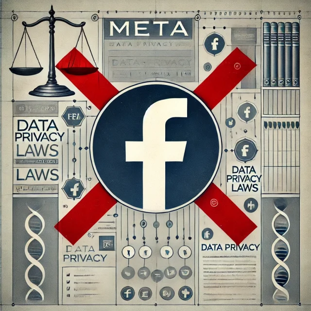 Meta’s New Data Restrictions: What Advertisers Need to Know tridence – A symbolic illustration of Meta (formerly Facebook) with its logo prominently displayed in the center, crossed out by a bold red ‘X’.