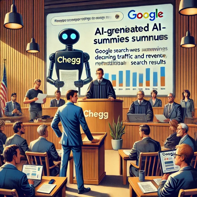 Chegg vs. Google: The Battle Over AI-Generated Search Results and Its Impact on Online Education A courtroom scene where representatives from Chegg and Google are engaged in a legal battle over AI generated search results. The setting is a modern