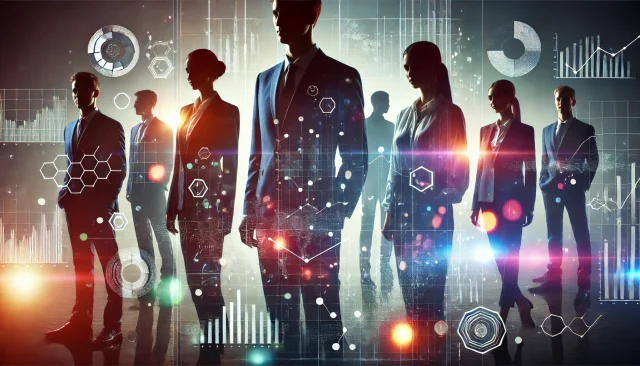 Understanding the Power of Intent Data in Lead Generation Campaigns Silhouettes of business professionals against a dark background, with translucent floating charts and graphs overlaying them in soft, glowing colors.