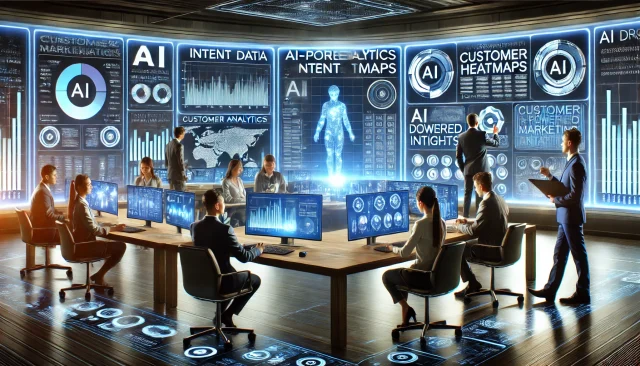 Harnessing AI with Intent Data for Enhanced Marketing Strategies 1741018195_A high tech marketing control center where AI powered analytics process intent data. The scene features digital dashboards with predictive