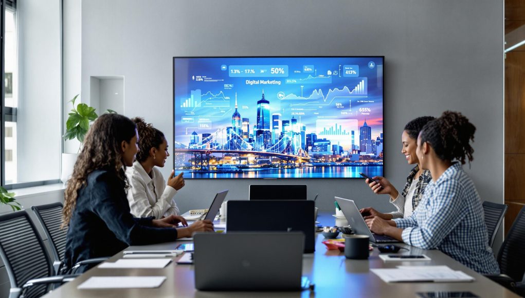 Diverse marketing team discussing strategy with digital marketing text on screen
