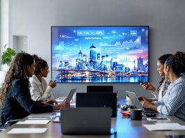 Diverse marketing team discussing strategy with digital marketing text on screen