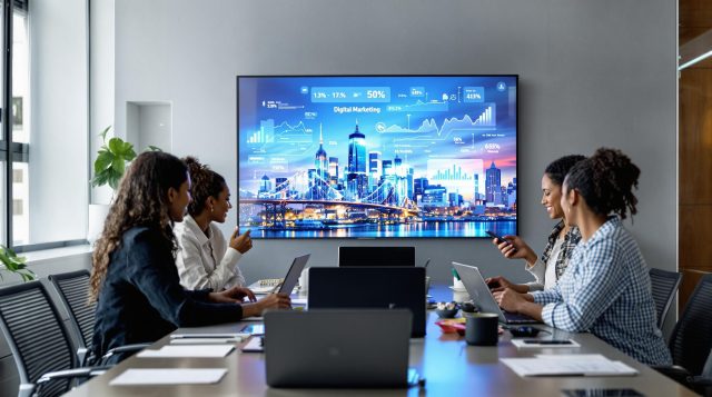 Digital Marketing Basics 2025: Strategies for Local and National Growth Diverse marketing team discussing strategy with digital marketing text on screen