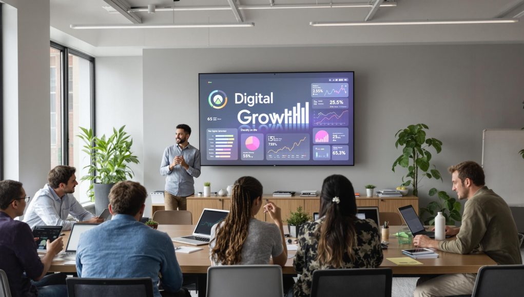 Small business team collaborates with digital marketing displays and 'Digital Growth' on screen