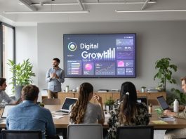 Small business team collaborates with digital marketing displays and 'Digital Growth' on screen