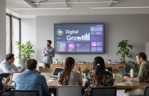 Future of Digital Marketing 2025: Growth Strategies for SMBs Small business team collaborates with digital marketing displays and 'Digital Growth' on screen