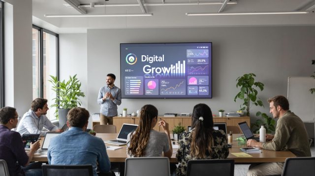 Small business team collaborates with digital marketing displays and 'Digital Growth' on screen Small business team collaborates with digital marketing displays and 'Digital Growth' on screen