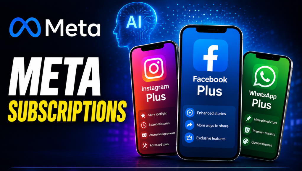 meta-neutral-2026 Meta subscriptions graphic showing Instagram Plus, Facebook Plus and WhatsApp Plus without fixed prices.