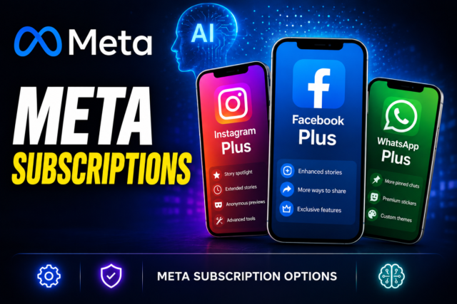 Meta Launches Paid Subscriptions for Instagram, Facebook, and WhatsApp: What It Means for Users, Creators, and AI Meta subscriptions graphic showing Instagram Plus, Facebook Plus and WhatsApp Plus without fixed prices.