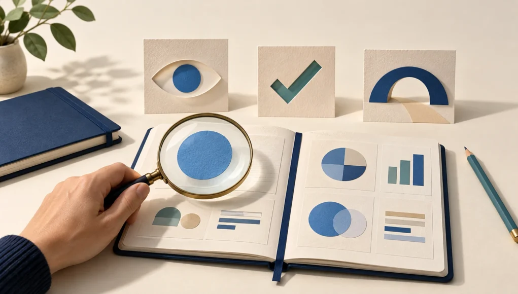 A hand holds a magnifying glass over a research notebook beside paper symbols of an eye, checkmark, and arch.