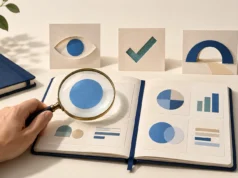 How to Measure AI Search Visibility: A 30-Day Scorecard Beyond Brand Mentions A hand holds a magnifying glass over a research notebook beside paper symbols of an eye, checkmark, and arch.