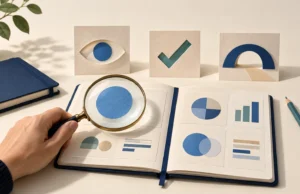How to Measure AI Search Visibility: A 30-Day Scorecard Beyond Brand Mentions A hand holds a magnifying glass over a research notebook beside paper symbols of an eye, checkmark, and arch.