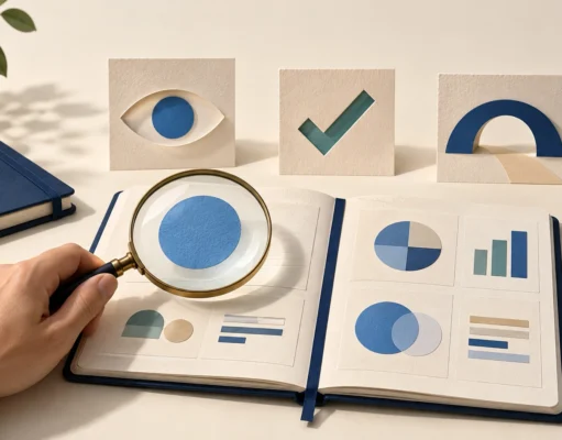 How to Measure AI Search Visibility: A 30-Day Scorecard Beyond Brand Mentions A hand holds a magnifying glass over a research notebook beside paper symbols of an eye, checkmark, and arch.