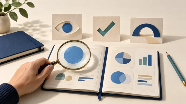 How to Measure AI Search Visibility: A 30-Day Scorecard Beyond Brand Mentions A hand holds a magnifying glass over a research notebook beside paper symbols of an eye, checkmark, and arch.