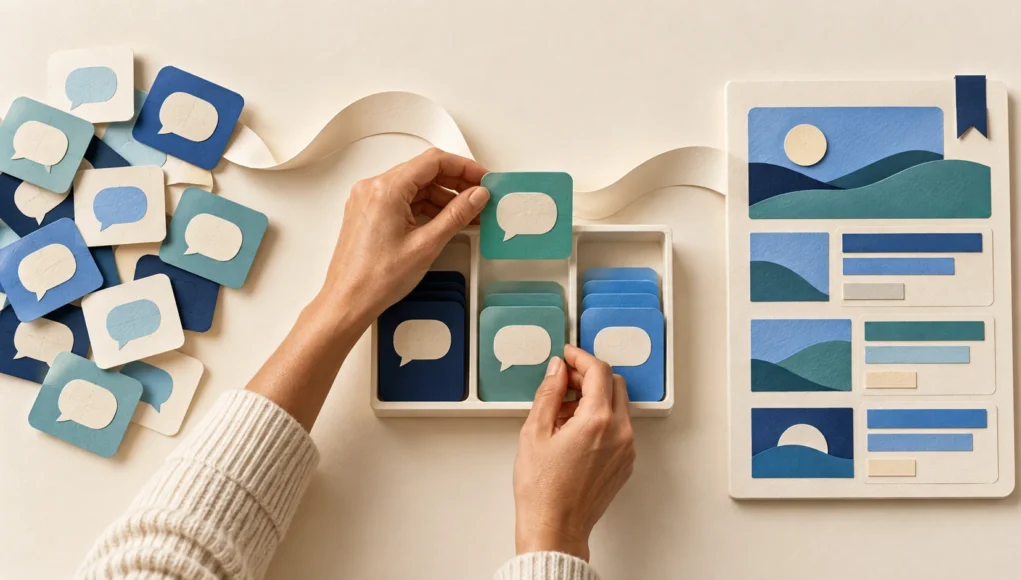 Hands sort speech-bubble cards into a tray beside an organized paper content board connected by a curved ribbon.