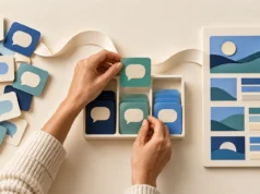 Turn First-Party Customer Questions Into an SEO 3.0 Content Plan Hands sort speech-bubble cards into a tray beside an organized paper content board connected by a curved ribbon.