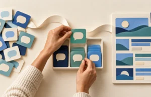 Turn First-Party Customer Questions Into an SEO 3.0 Content Plan Hands sort speech-bubble cards into a tray beside an organized paper content board connected by a curved ribbon.