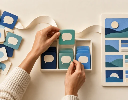 Turn First-Party Customer Questions Into an SEO 3.0 Content Plan Hands sort speech-bubble cards into a tray beside an organized paper content board connected by a curved ribbon.