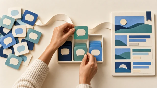 Turn First-Party Customer Questions Into an SEO 3.0 Content Plan Hands sort speech-bubble cards into a tray beside an organized paper content board connected by a curved ribbon.