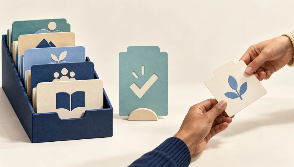Nonprofit trusted resource hub Organized resource cards beside a teal checkmark card, with two hands passing a card with a leaf symbol.