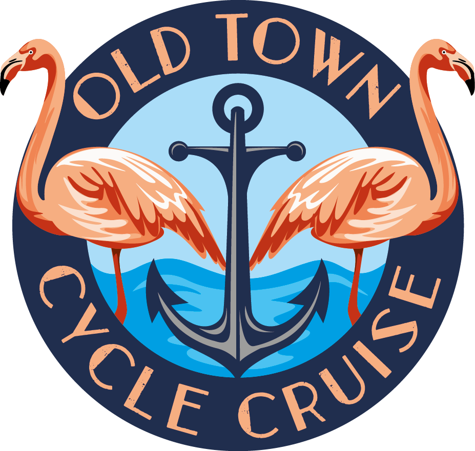 Old Town Party Boat logo by Tridence — flamingo and anchor circular badge